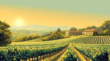 Fototapeta premium A painting of a vineyard at sunset with a house in the distance and mountains in the background
