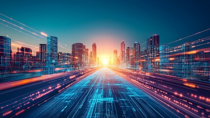 Obraz premium A digital metropolis at sunset with vibrant neon lights and advanced architecture