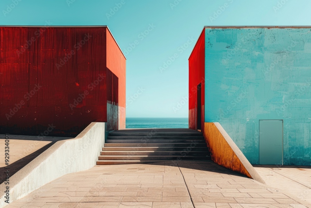 Poster a modern building with red and blue colors standing next to the ocean, suitable for use in architect