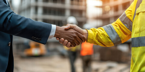 Man in suit shakes hands with man in construction worker's uniform in background of construction site. Collaboration, architecture and construction.