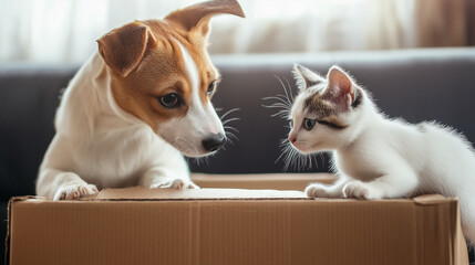 Jack russell terrier puppy and a kitten curiously looking into a cardboard box, their heads close together