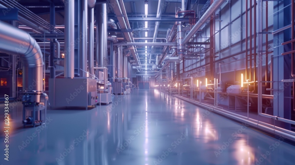 Poster a large industrial building filled with various machines and production lines
