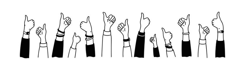 Crowd of people raising hands with thumb up background. Hand drawn doodle vector illustration. Like time. Happy customer, success, positive feedback, testimonials concept