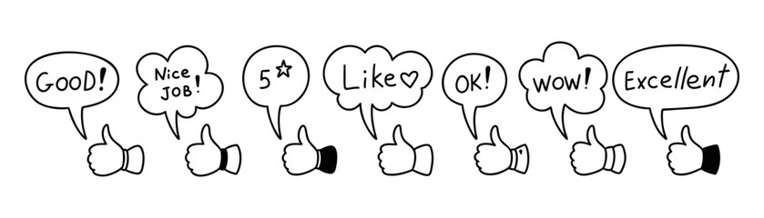 Positive expressions speech bubbles. Thumb up cute line doodle icon. Nice job, excellent, five star rate, wow, ok, like text. Social media post evaluation. Followers’ emotions