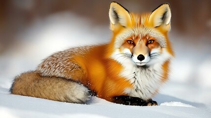Fototapeta premium A close-up of a fox lying in the snow with its eyes open and staring into the lens