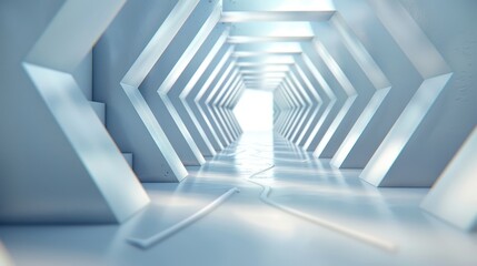 Obraz premium Futuristic corridor with bright light at the end in a geometric design