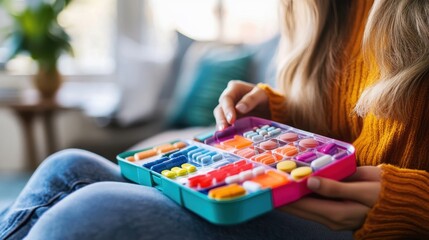 Fototapeta premium A teenager carefully arranges their medication in a vibrant pill organizer at home