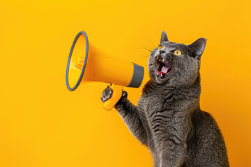 Gray cat meowing loudly holding megaphone on yellow background