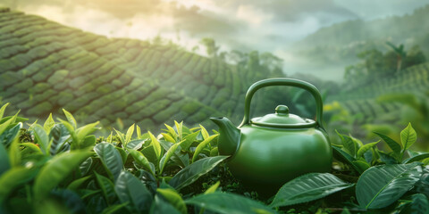Green teapot steaming in the middle of tea plantation at sunrise