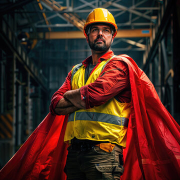 Superhero worker wearing red cape standing with arms crossed in a factory