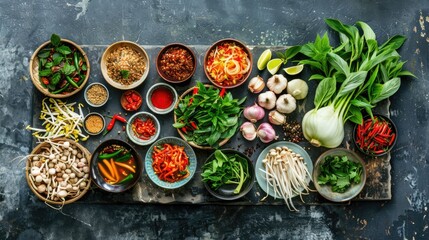 A table filled with different types of food in bowls, ideal for editorial or commercial use