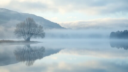 Fototapeta premium A serene landscape featuring a misty lake, a solitary tree, and soft reflections.