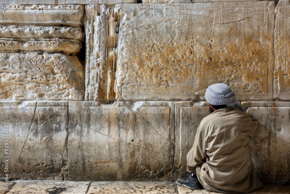 Poster a person sitting against a wall with a hat on, suitable for use in various settings