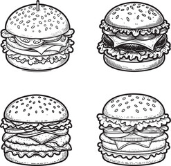 A burger line art coloring book illustration set