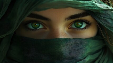 Naklejka premium Close-up of a woman's green eyes partially hidden by a green fabric.