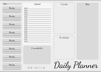 Daily Planner Template. Planner with Place for Notes on the gray tones. Vector Illustration