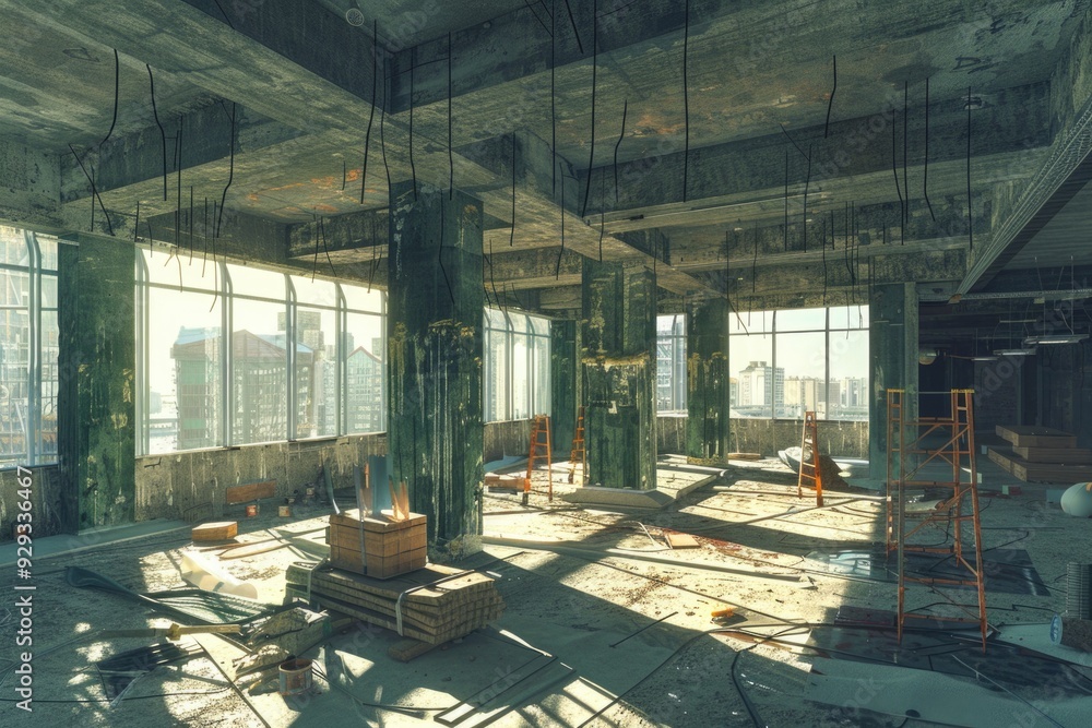 Poster A large, unfinished building with many windows, ideal for use in architecture or urban exploration scenes