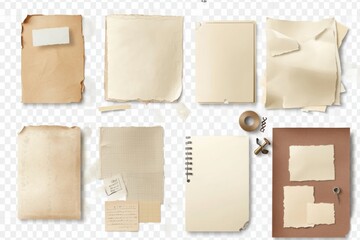 Assorted vintage paper sheets with torn edges, wrinkles, and textures, isolated on a transparent background, perfect for scrapbooking and design projects.