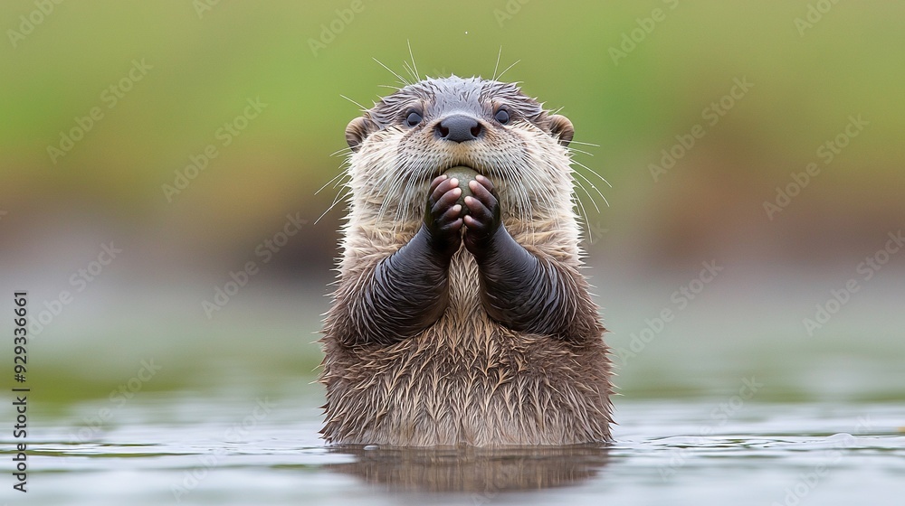 Poster   Close-up of wet otter with arms raised and mouth open in body of water