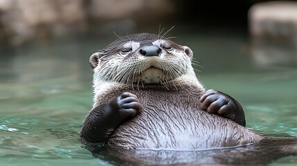 Fototapeta premium Otter in water with hands on head