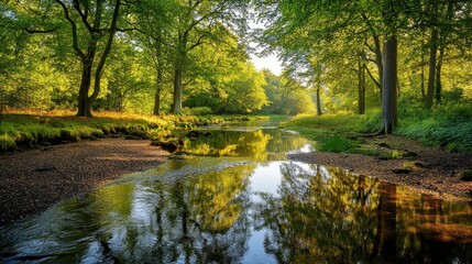 A serene landscape featuring a river surrounded by lush green trees and sunlight reflections.