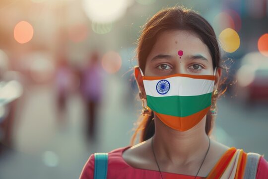 A person wearing a face mask with the Indian national flag design, ideal for use in patriotic or cultural events