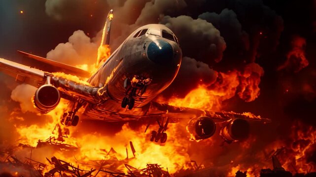 Airplane in the fire on a dark background. Collage, Plane crash, plane on fire and smoke