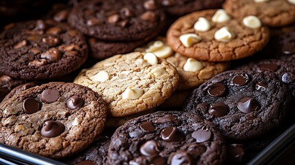 Obraz premium Closeup of assorted chocolate chip cookies in a metal baking dish.