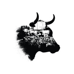 silhouette of Cow, filled with graffiti street wall in rough drawing,