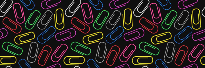 3d paper clips seamless pattern. Colorful bright clips seamless background. Colored paperclip black background. Business or education background. Diversity and creativity concept.
