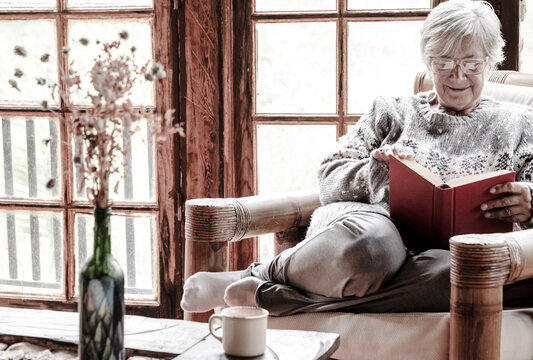 Old retired 70s lady reading book at home, resting on armchair close the window in cozy living room. Mature reader relaxing enjoying reading pleasure