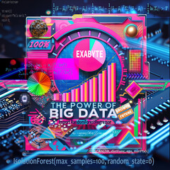 The Power of Big Data. A vivid, colorful conceptual artwork that includes some terms and fragments of some of the key machine learning algorithms related to Big Data sets.