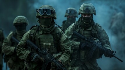 Fototapeta premium A group of soldiers in tactical gear advancing through a misty environment.