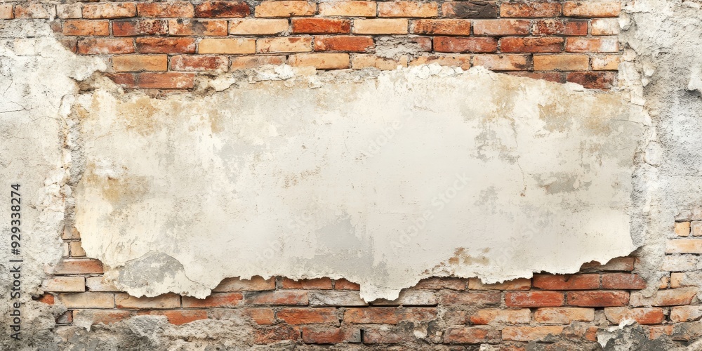 Poster this is a weathered brick and plaster wall that features a blank area set aside for the addition of 