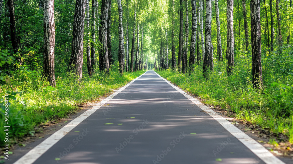 Sticker A long road in a forest with trees on both sides, AI