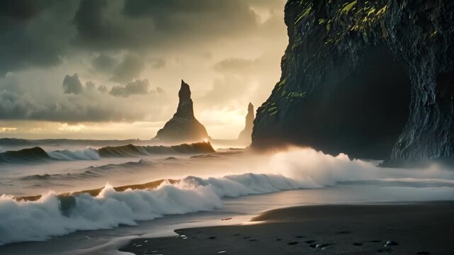 Powerful waves crash onto the black sand beach, creating a mesmerizing spectacle., Reynisfjara Vik in Iceland is a black sand beach with enormous waves