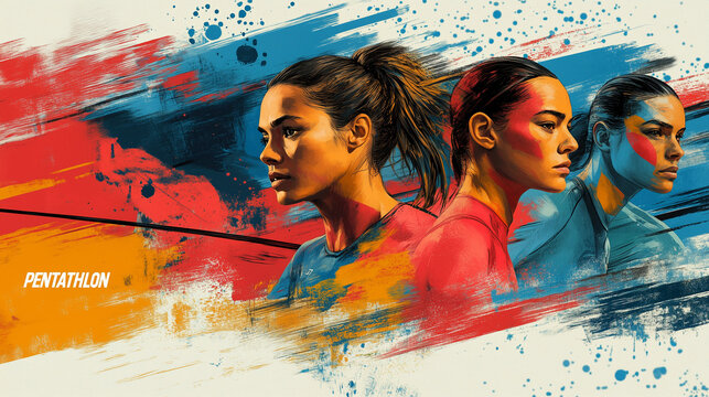 The word "PENTATHLON" on a multi-sport background, with images of fencing, swimming, and running.