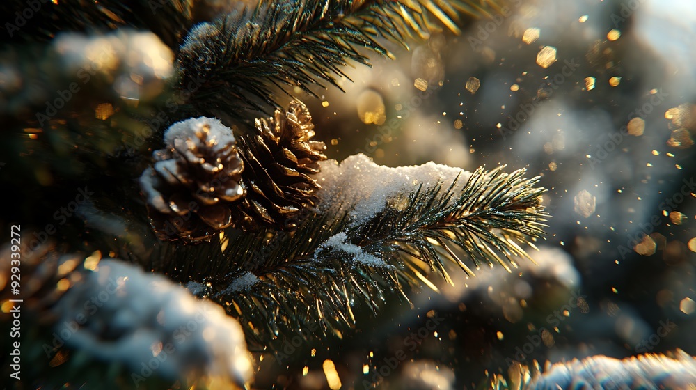 Poster close-up of snow-covered pine tree branch with pinecones and bokeh lights.