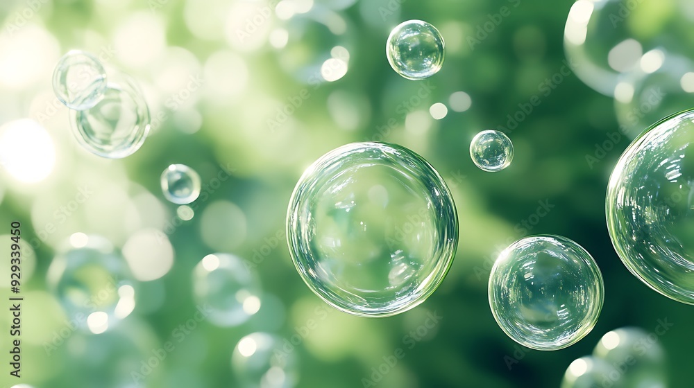 Poster close-up of translucent, spherical bubbles floating against a green, bokeh background.