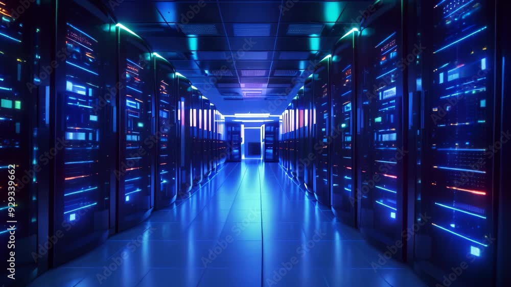 Poster an video showcasing rows of servers in a data center illuminated by bright lights., row of network s