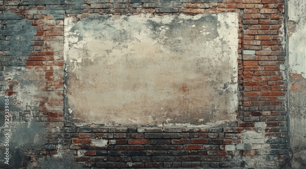 Poster this is a captivating, textured image of a rustic, weathered brick wall, which includes a blank area