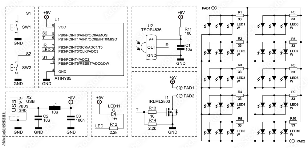 Poster schematic diagram of electronic device on sheet of paper. vector drawing electrical circuit with int