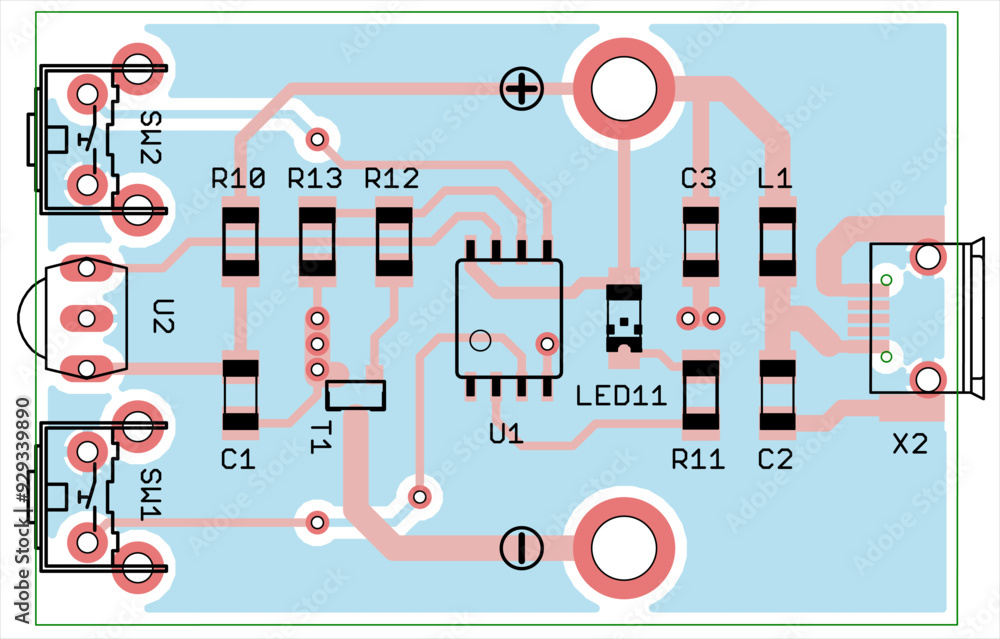 Poster vector printed circuit board of electronic device with components of radio elements, conductors and 