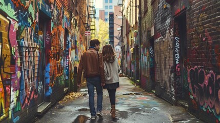 Fototapeta premium Couple Walking Through Graffiti Alley