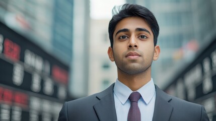 A man in a suit and tie standing next to some buildings, AI