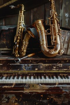 Two saxophones sit on top of an old piano, evoking a sense of nostalgia and jazz music