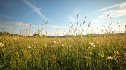 A serene landscape featuring tall grass and wildflowers under a clear blue sky.