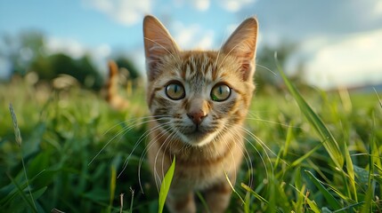 Domestic cat standing in a green meadow looking forward picture