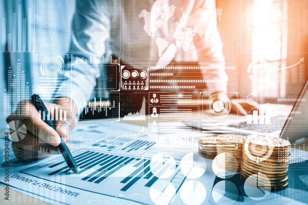 Poster data analysis for business and finance concept. interface showing future computer technology of prof