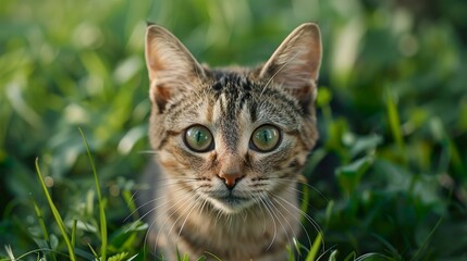 Elegant pedigreed cat standing in a green field looking ahead picture